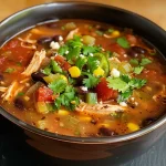 Close-up view of a bowl of chicken tortilla soup garnished with cilantro and lime slices.