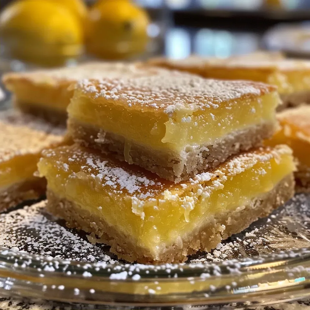 Side view of delicious Easy Lemon Squares, highlighting their dusting of powdered sugar and vibrant yellow color.