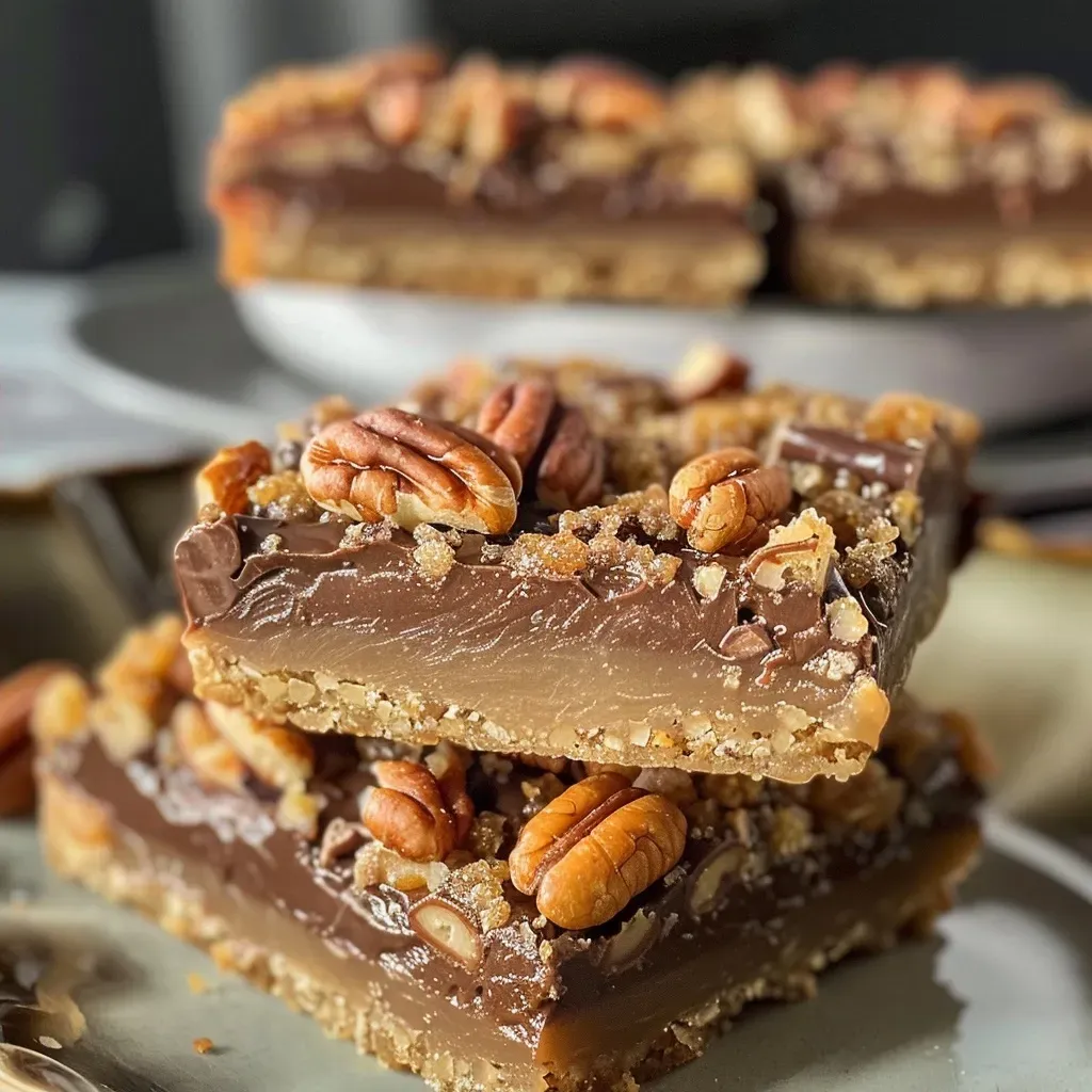 Juicy Easy Turtle Bars showcasing layers of chocolate and pecans.