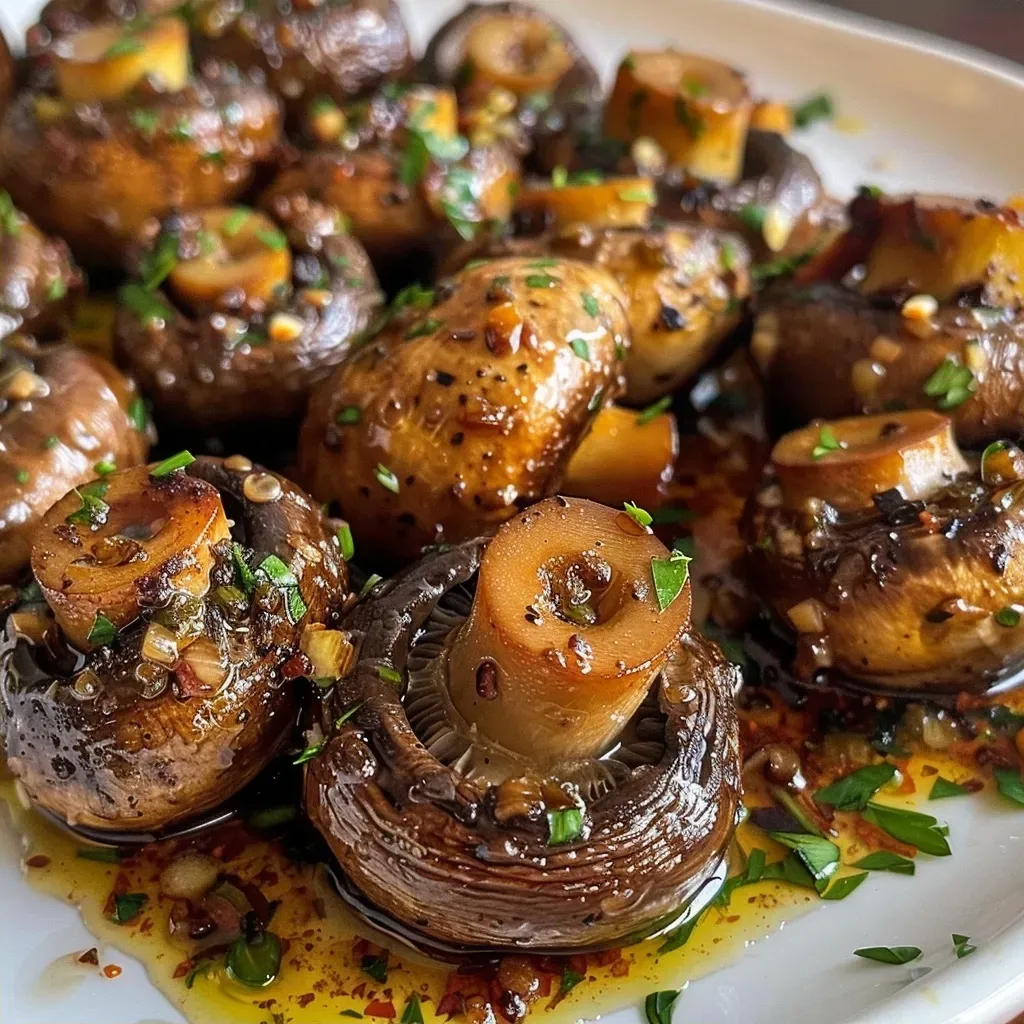 Side view of sautéed mushrooms in garlic butter, garnished with fresh chives.