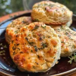 Side view of golden Garlic Butter Parmesan Herb Biscuits on a rustic wooden surface.