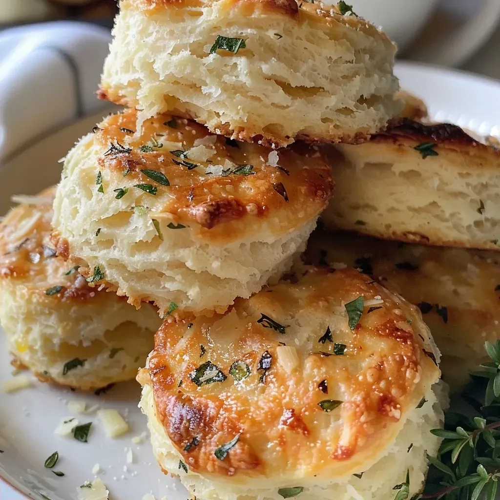 Juicy and flaky Garlic Butter Parmesan Herb Biscuits displayed with melted butter glistening on top.