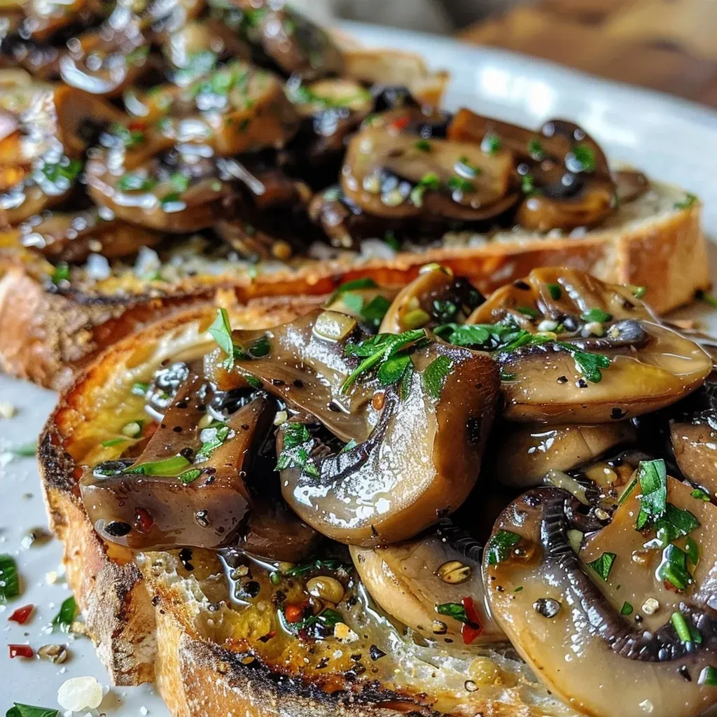 Side view of toasted bread topped with garlic mushrooms, garnished with parsley.