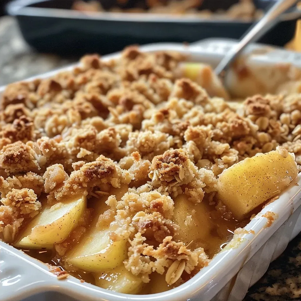 Side view of a delicious gluten-free apple crisp, highlighting its crumbly oat topping and fresh apple filling.