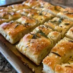 Close-up side view of gluten-free rosemary focaccia with golden-brown crust.