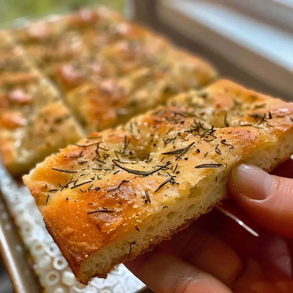 Sliced gluten-free rosemary focaccia showcasing a fluffy interior and herb topping.