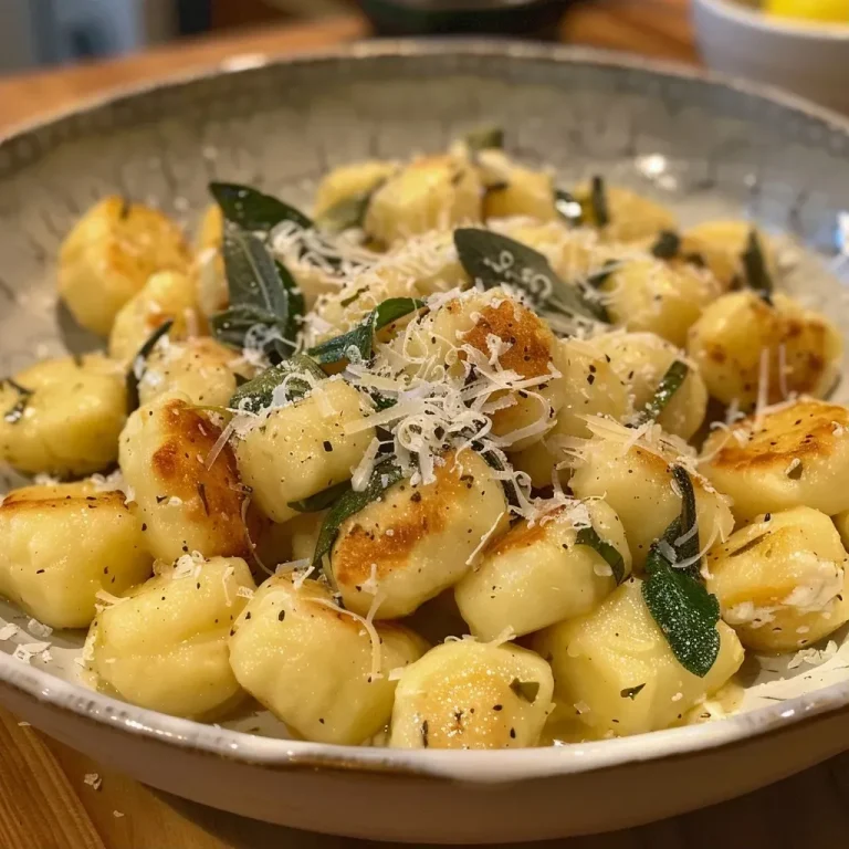 Close-up view of gnocchi tossed in brown butter and topped with sage and Parmesan.