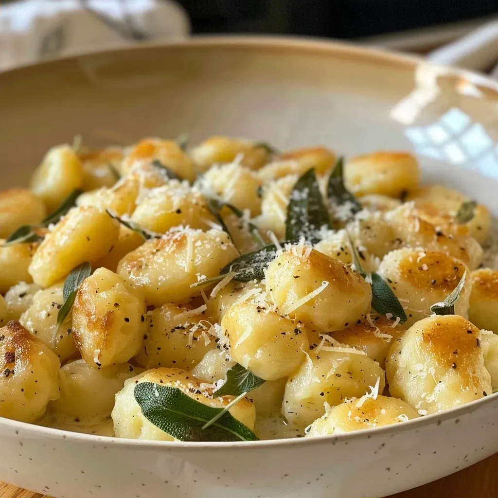 Juicy gnocchi featuring brown butter and fresh sage, sprinkled with Parmesan cheese.