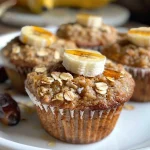 Close-up view of Healthy Banana Oat Muffins on a wooden table.