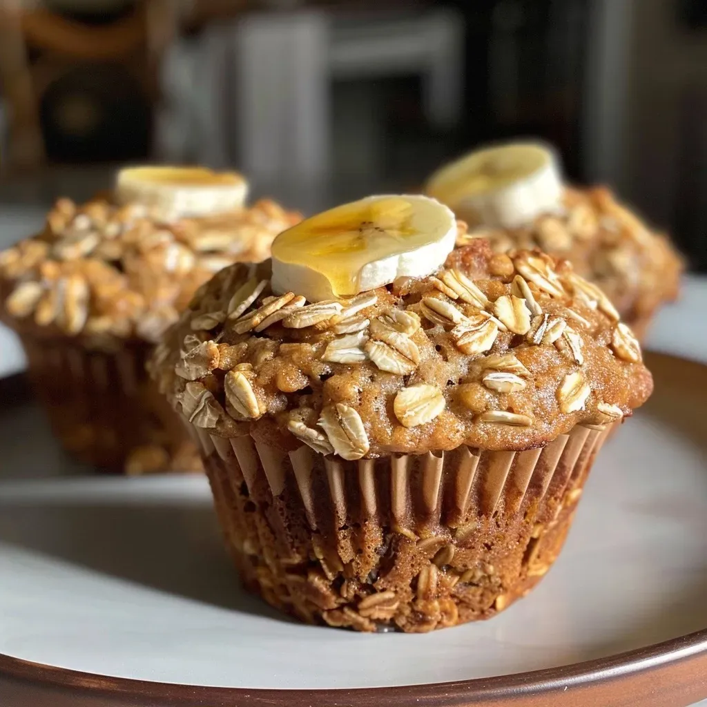 Side angle of moist Healthy Banana Oat Muffins with a golden-brown crust.