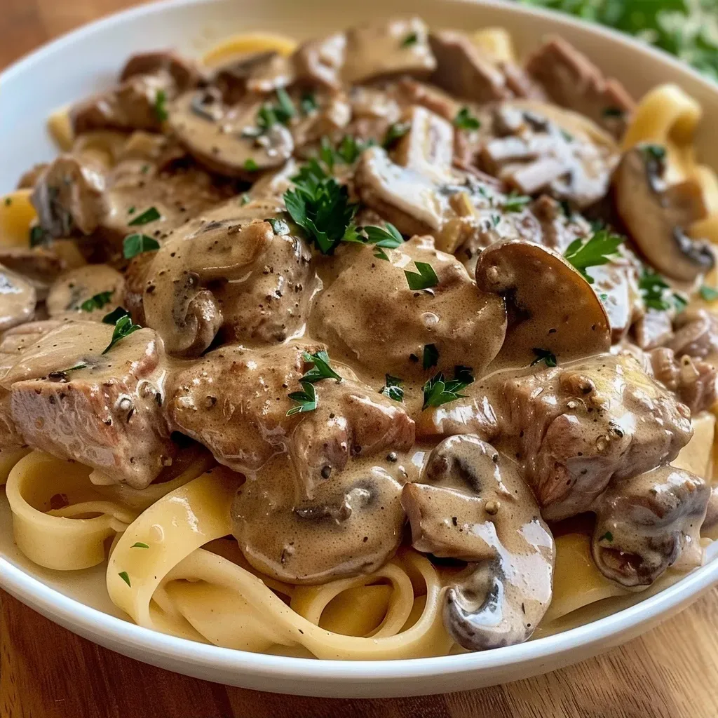 Juicy Healthy Beef Stroganoff served on a white plate, showcasing tender beef and vegetables.