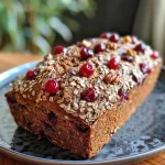 Close-up of Healthy Cranberry Orange Oatmeal Bread with a golden crust and vibrant cranberry pieces.