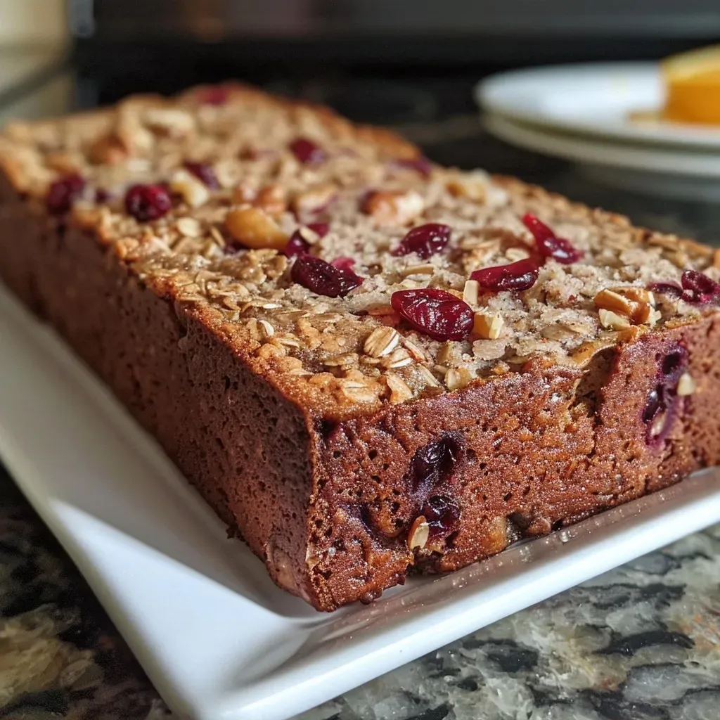 Side view of freshly baked cranberry orange oatmeal bread, showcasing its moist texture and colorful ingredients.