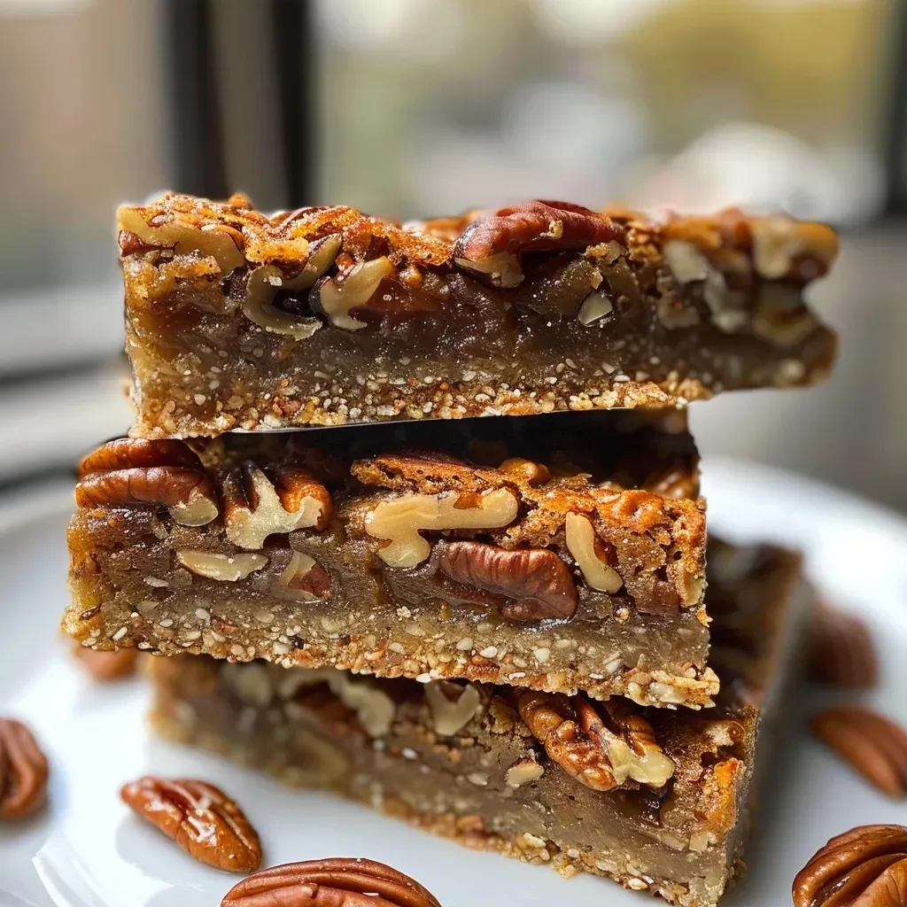Close-up of delicious gluten-free pecan pie bars with a glossy topping.