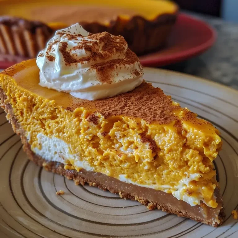A close-up side view of a slice of healthy pumpkin pie cheesecake topped with a dollop of whipped cream.