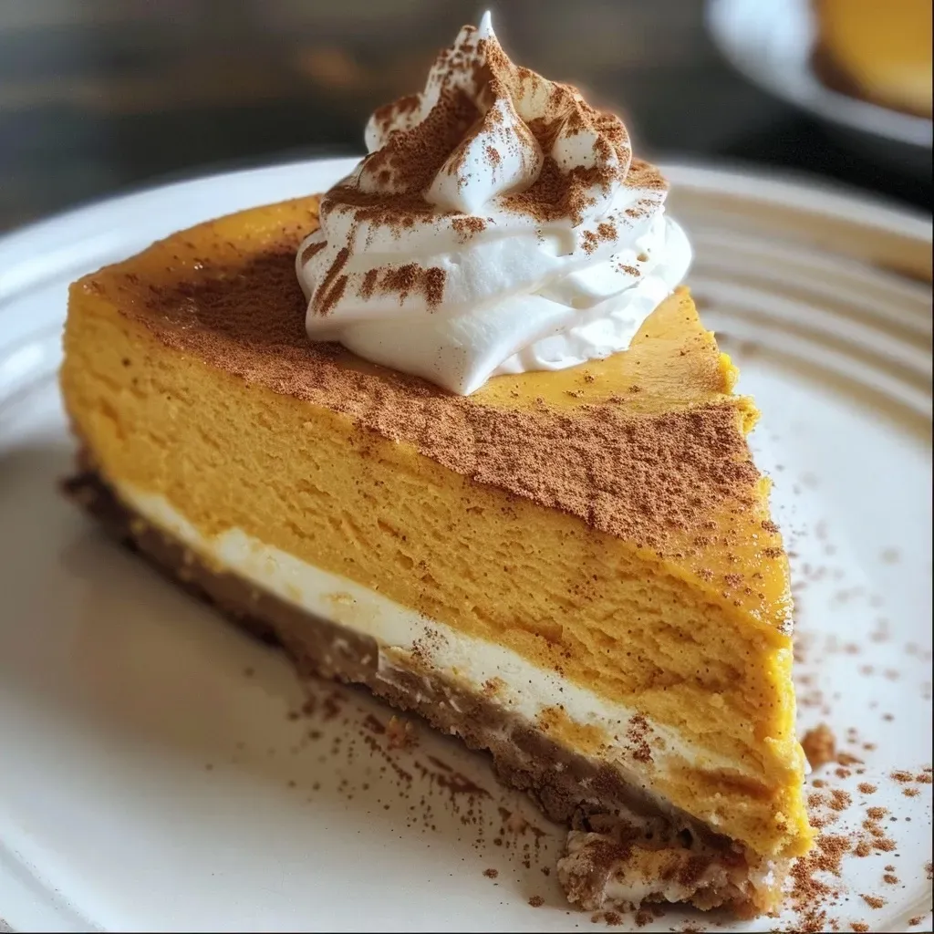 Juicy pumpkin pie cheesecake with a creamy texture, showcasing a slice on a plate.