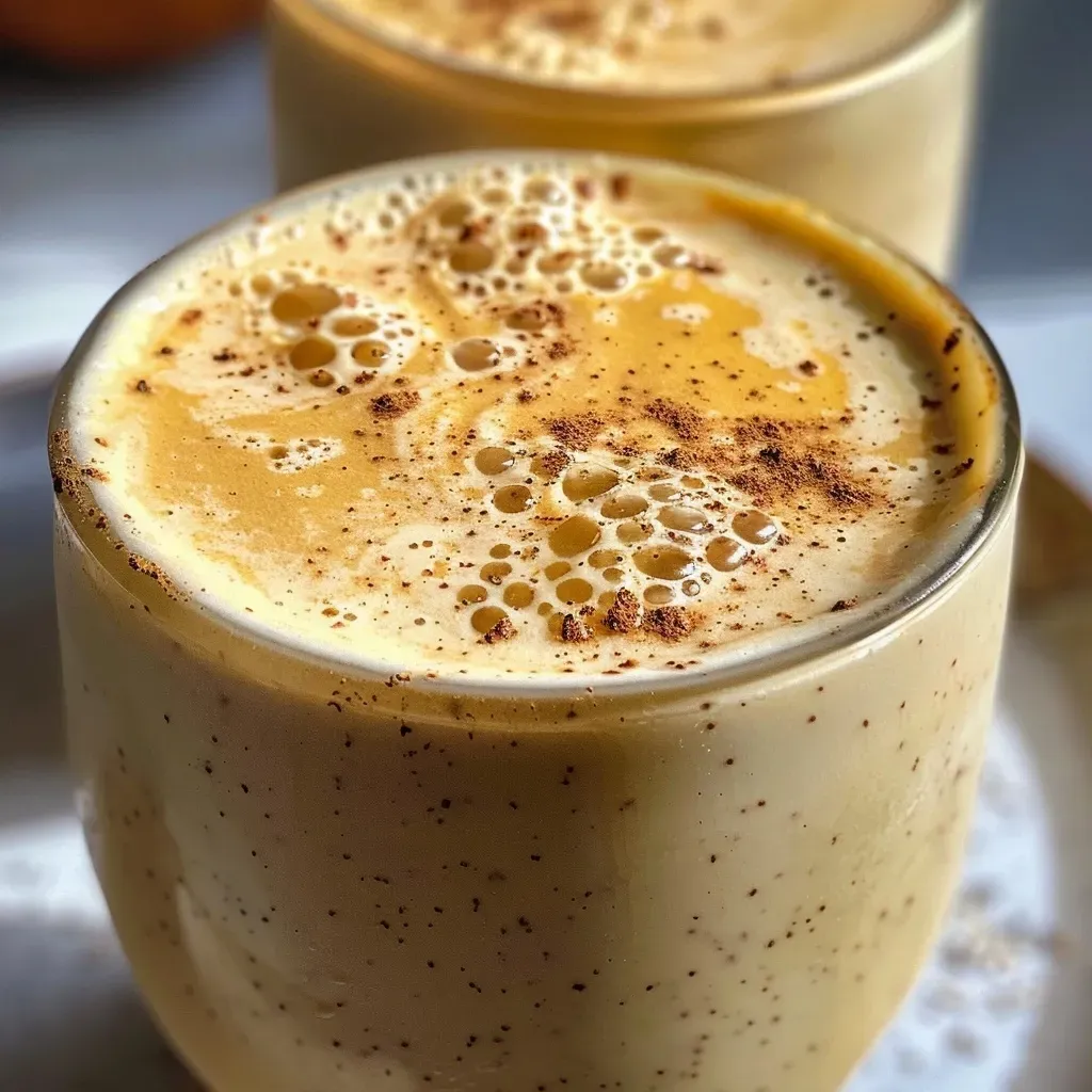 A healthy pumpkin spice latte in a glass, showcasing rich colors and spices on the surface.