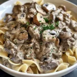 Close-up view of a creamy beef stroganoff garnished with fresh parsley.