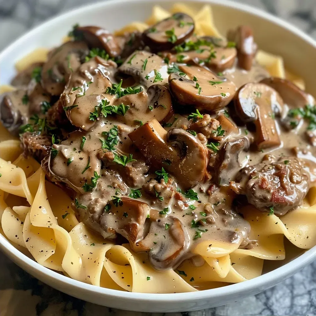 Juicy ground beef and mushrooms in a rich sauce served over egg noodles.