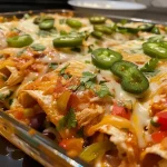 Close-up side view of a juicy chicken enchilada casserole with layers of tortillas and cheese.