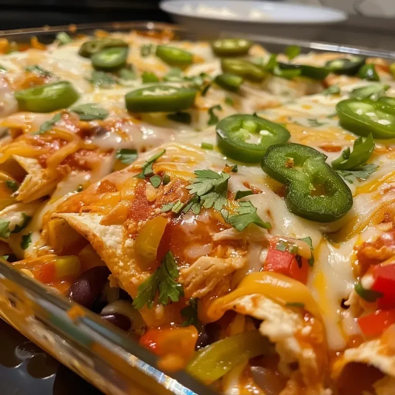 A Flavorful Journey: Discovering Comfort in High Protein Chicken Enchilada Casserole Close-up side view of a juicy chicken enchilada casserole with layers of tortillas and cheese.