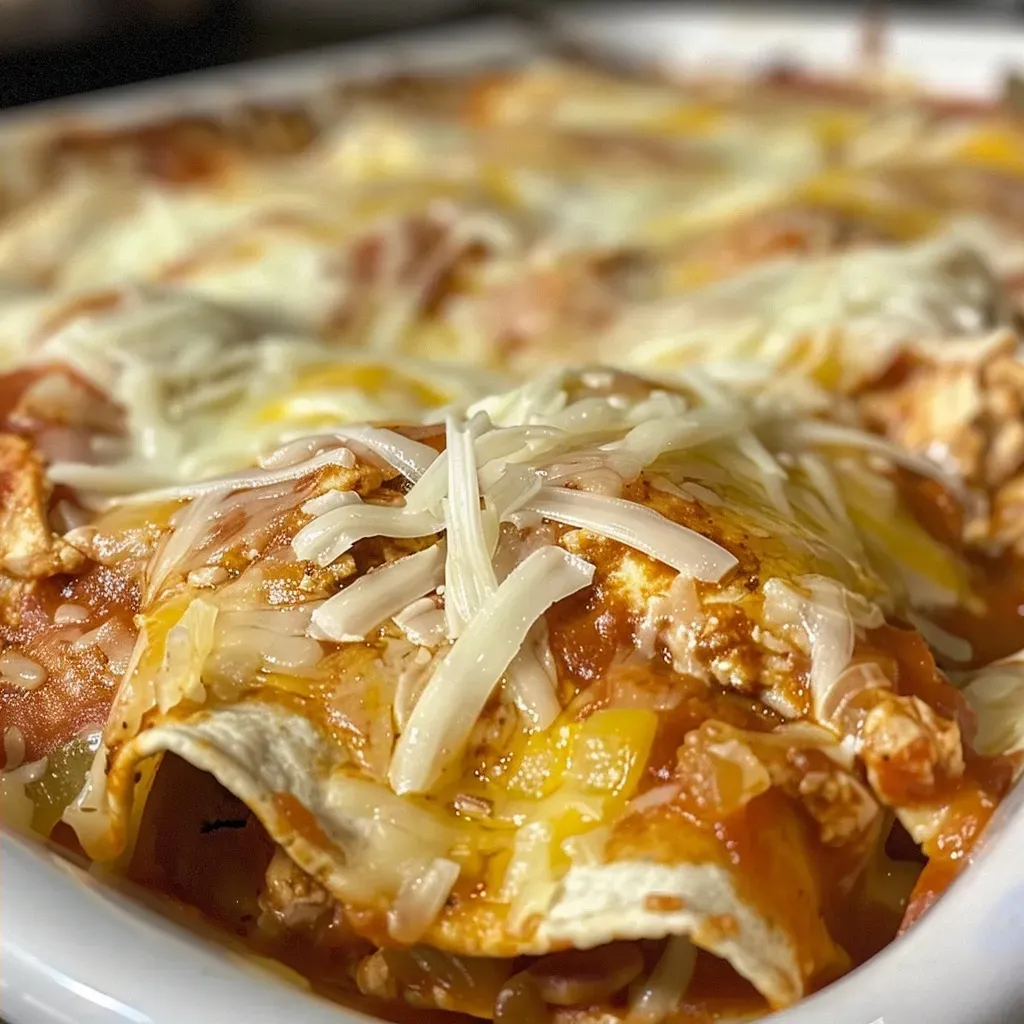 High protein chicken enchilada casserole displayed in a baking dish, showcasing its colorful layers.