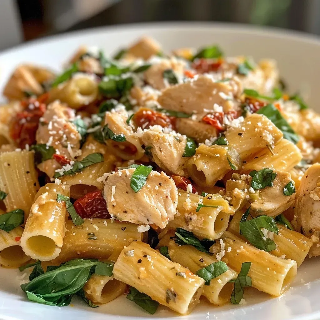 A delicious plate of high protein pasta featuring sun-dried tomatoes and spinach.