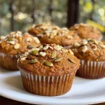 Close-up view of high-protein pumpkin muffins with cream cheese filling, showcasing a golden-brown top and visible pumpkin texture.