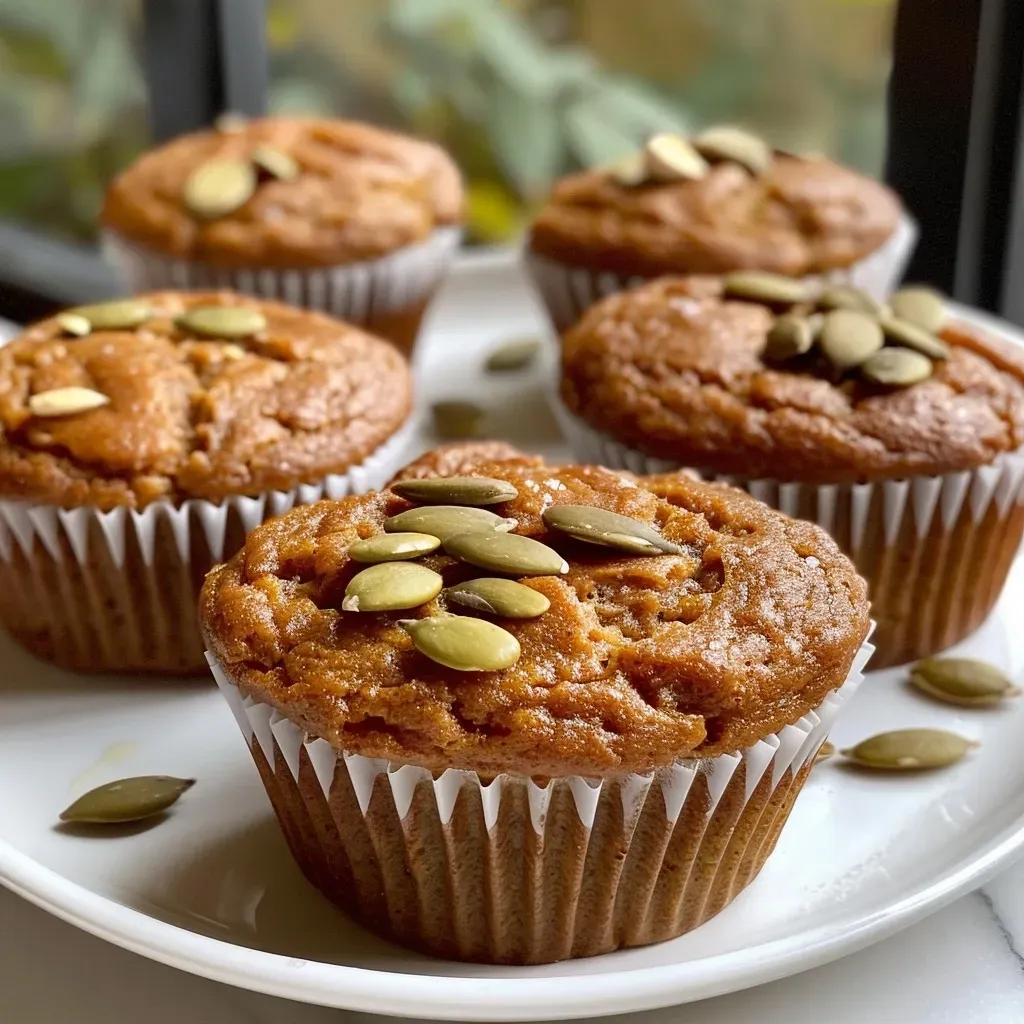 Side view of moist pumpkin muffins with a creamy center, decorated with pepitas, highlighting their rich color and fluffy texture.