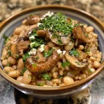 Close-up view of a bowl filled with high protein white bean and mushroom farro.