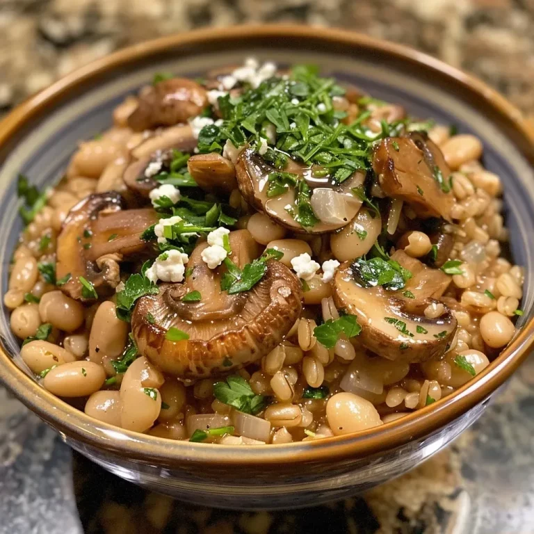 A Culinary Adventure in Every Bite: Discovering High Protein White Bean & Mushroom Farro Close-up view of a bowl filled with high protein white bean and mushroom farro.
