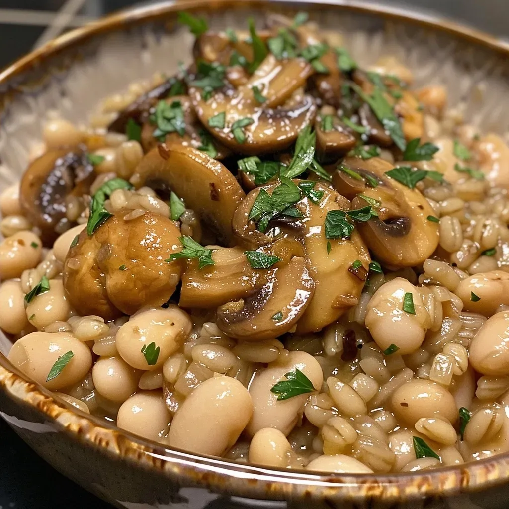 Side photo of a vibrant dish featuring white beans, mushrooms, and farro garnished with parsley.