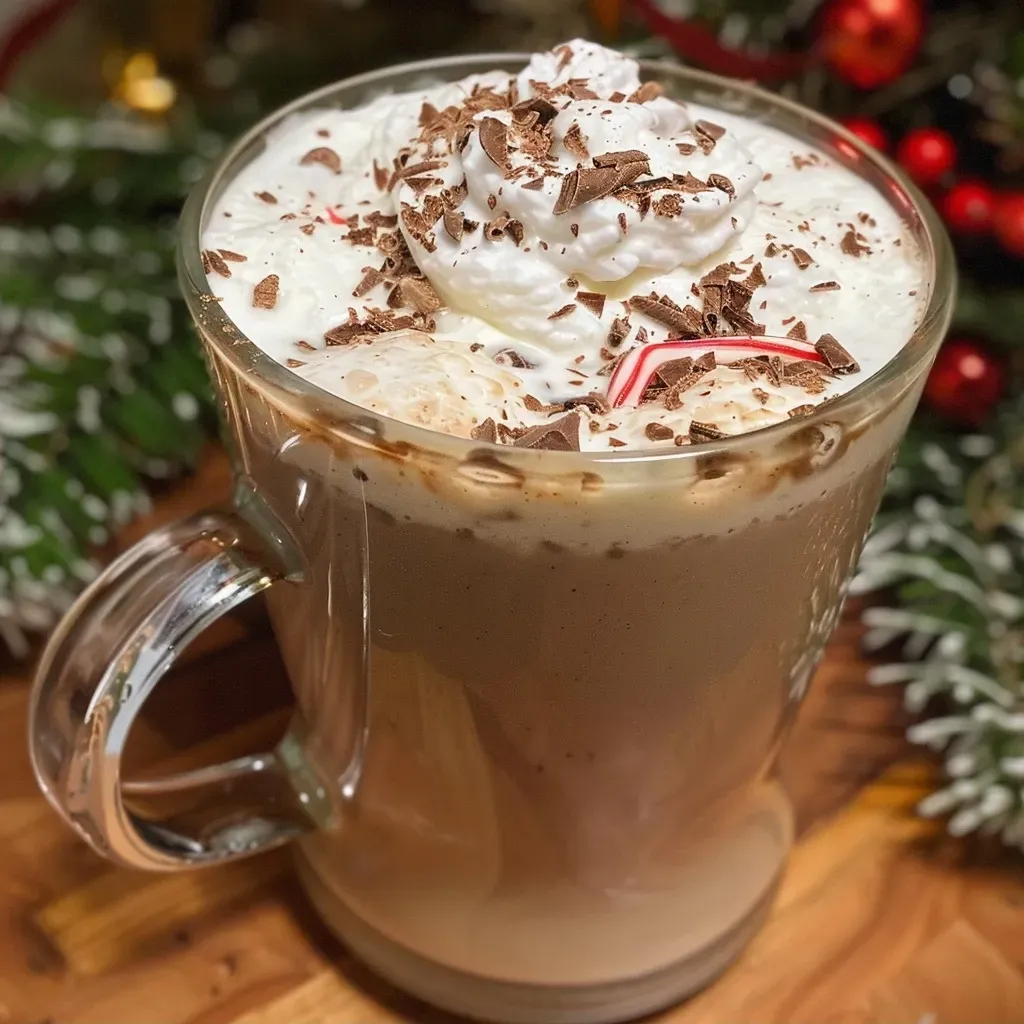 Side view of creamy Holiday Hot Chocolate served in a festive mug, adorned with marshmallows and candy cane pieces.