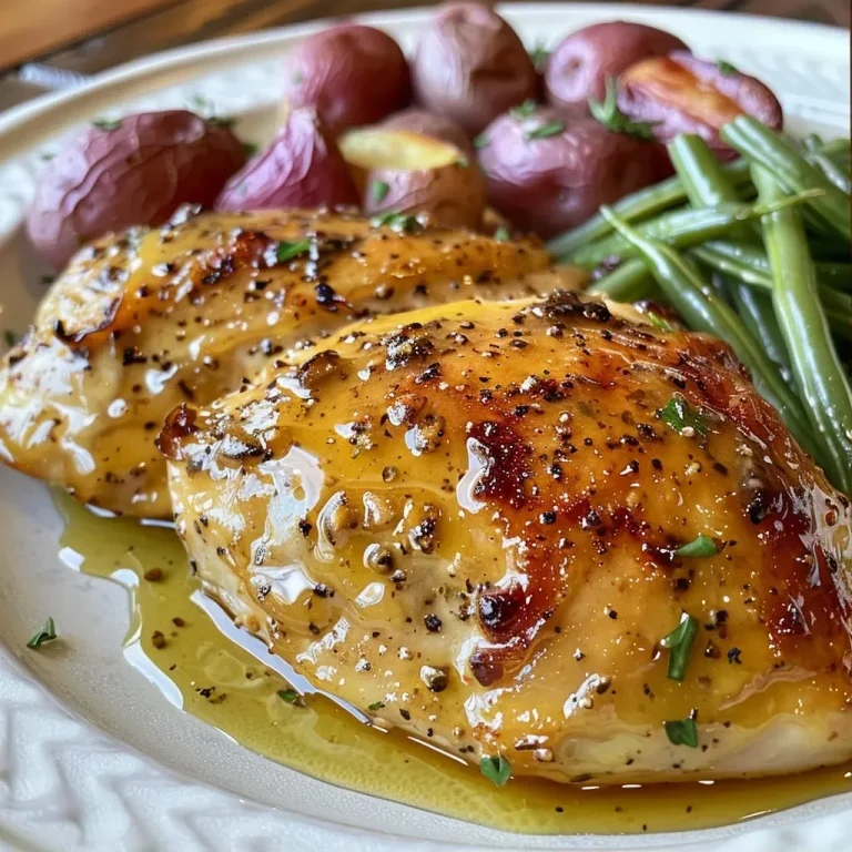 A One-Pan Adventure: Honey Mustard Chicken & Potatoes That Will Transport You Close-up of juicy Honey Mustard Chicken thighs with golden skin and quartered baby red potatoes.
