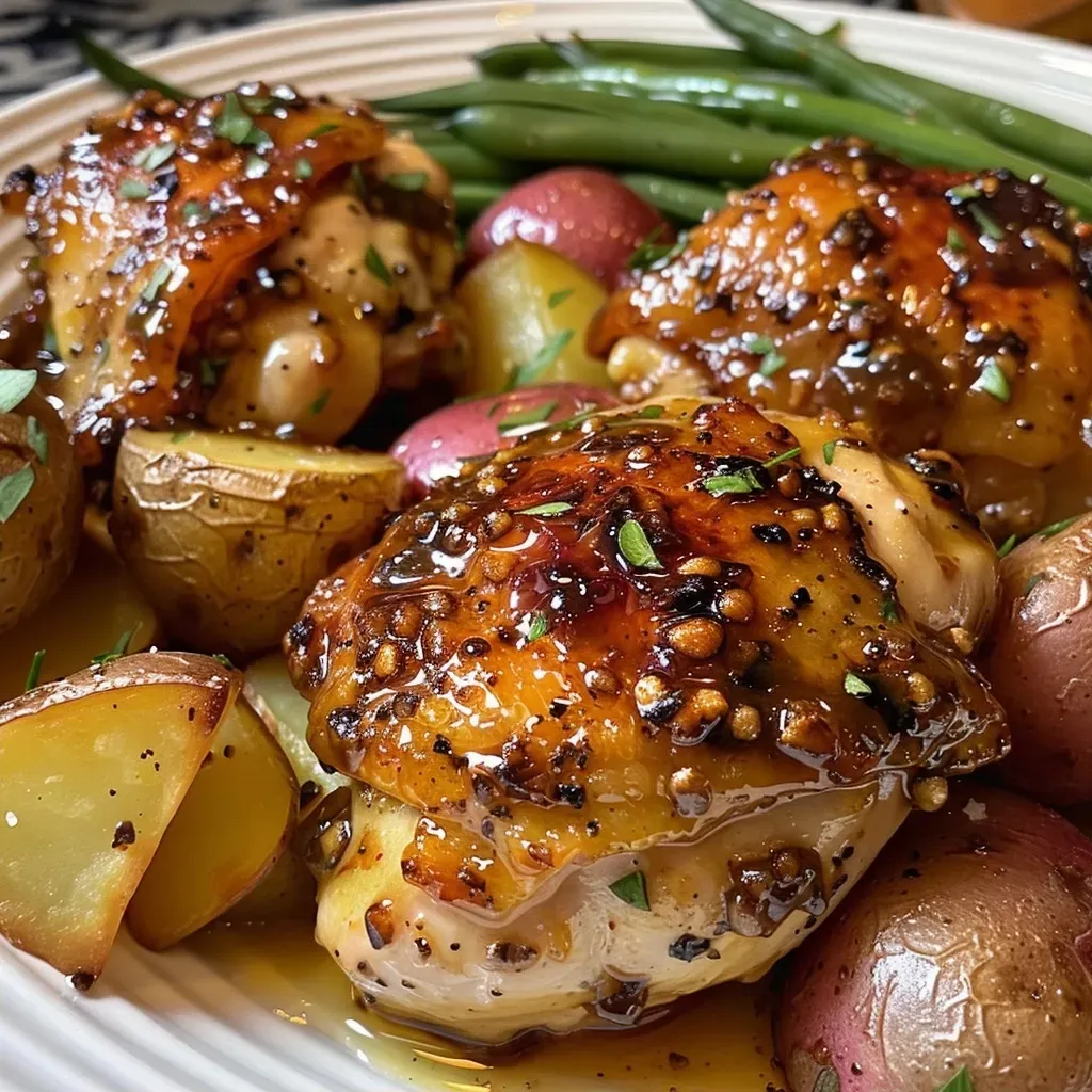 Side view of a plate featuring Honey Mustard Chicken, red potatoes, and green beans garnished with rosemary.