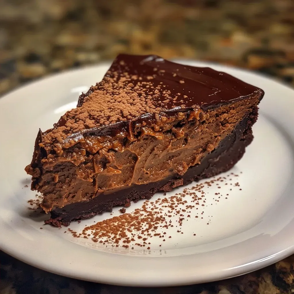 Detailed image showcasing the decadent layers of a flourless chocolate pumpkin torte.