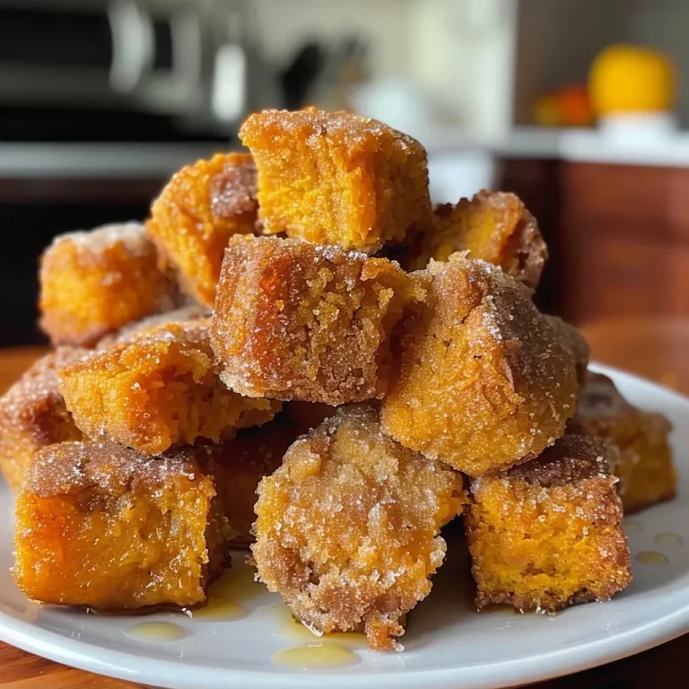 Close-up view of golden-brown pumpkin churro bites, dusted with cinnamon sugar.