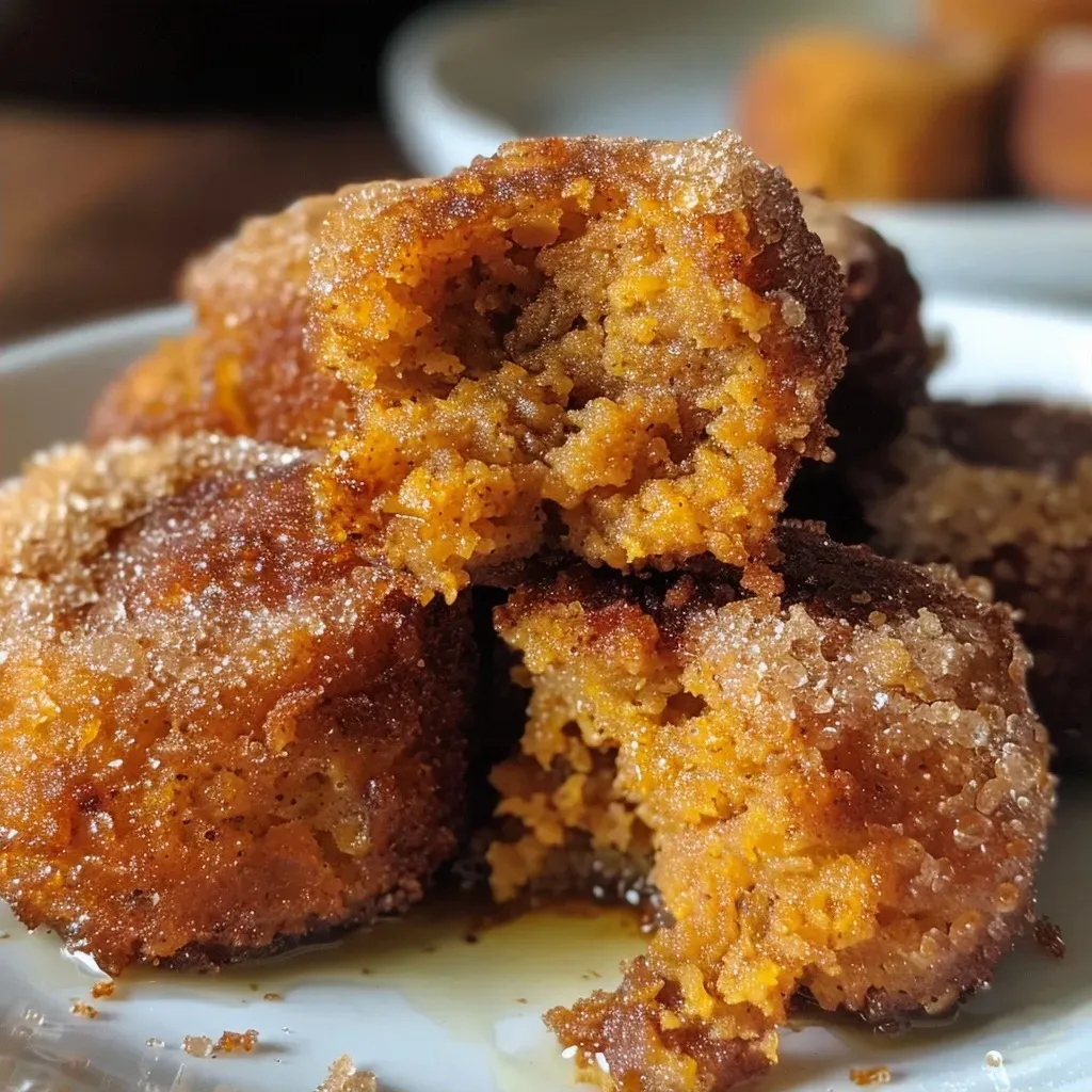Juicy, fried pumpkin churro bites served on a wooden plate with a rustic background.