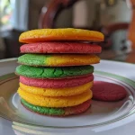 Close-up view of colorful Italian Rainbow Cookies stacked on a plate.