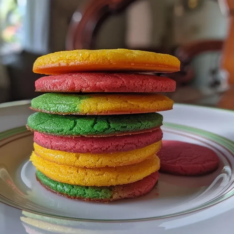 Close-up view of colorful Italian Rainbow Cookies stacked on a plate.