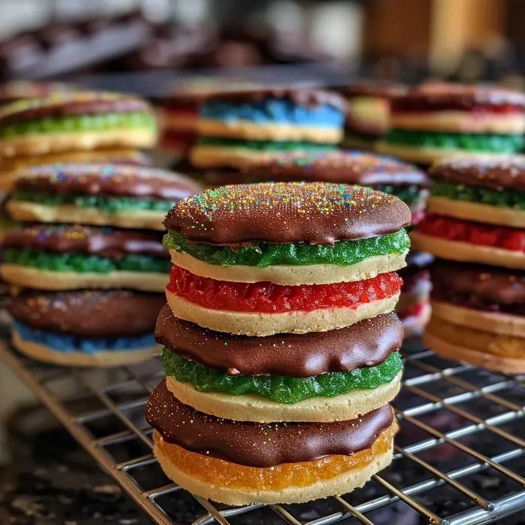 Side view of layered Italian Rainbow Cookies showcasing vibrant colors.