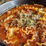 Close-up of a bowl of Lasagna Soup with melted cheese and herbs.