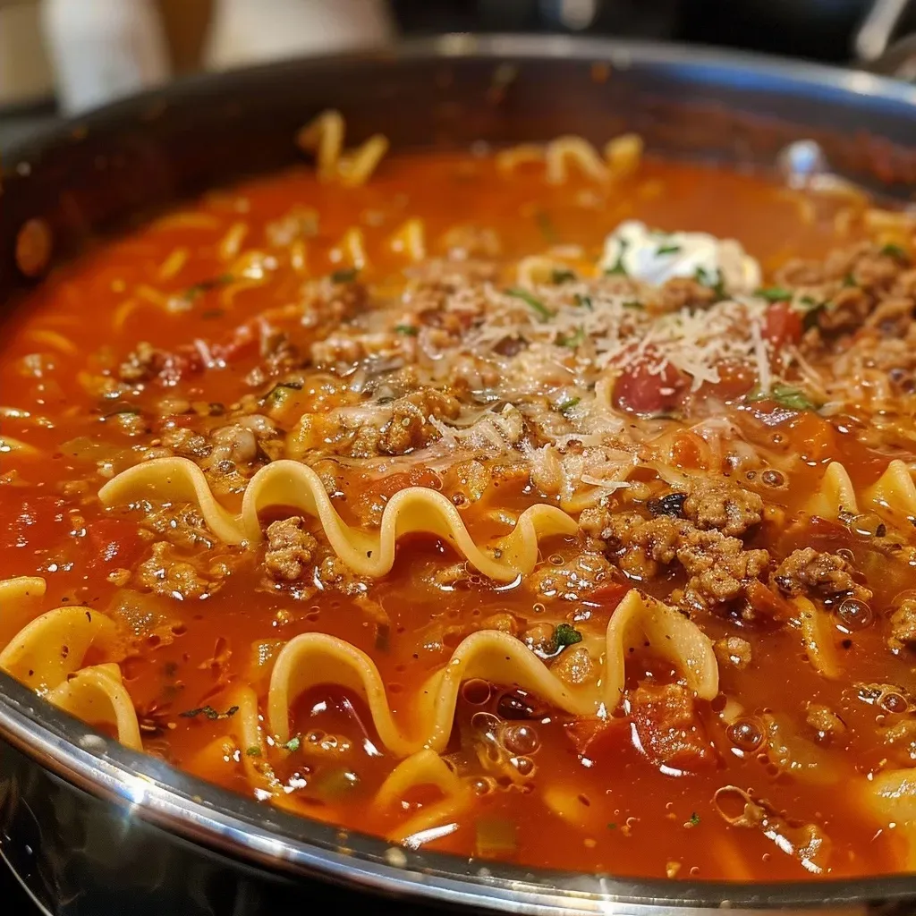 Side view of a hearty Lasagna Soup showcasing layers of pasta and meats.