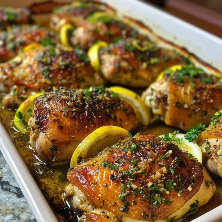 Close-up view of juicy lemon garlic chicken thighs served with orzo pasta.