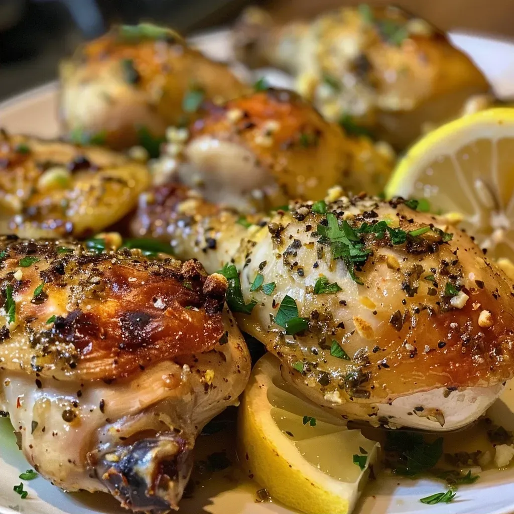 A side view of cooked chicken thighs garnished with parsley and orzo.