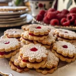 Close-up side view of a plate of Linzer cookies filled with raspberry jam.