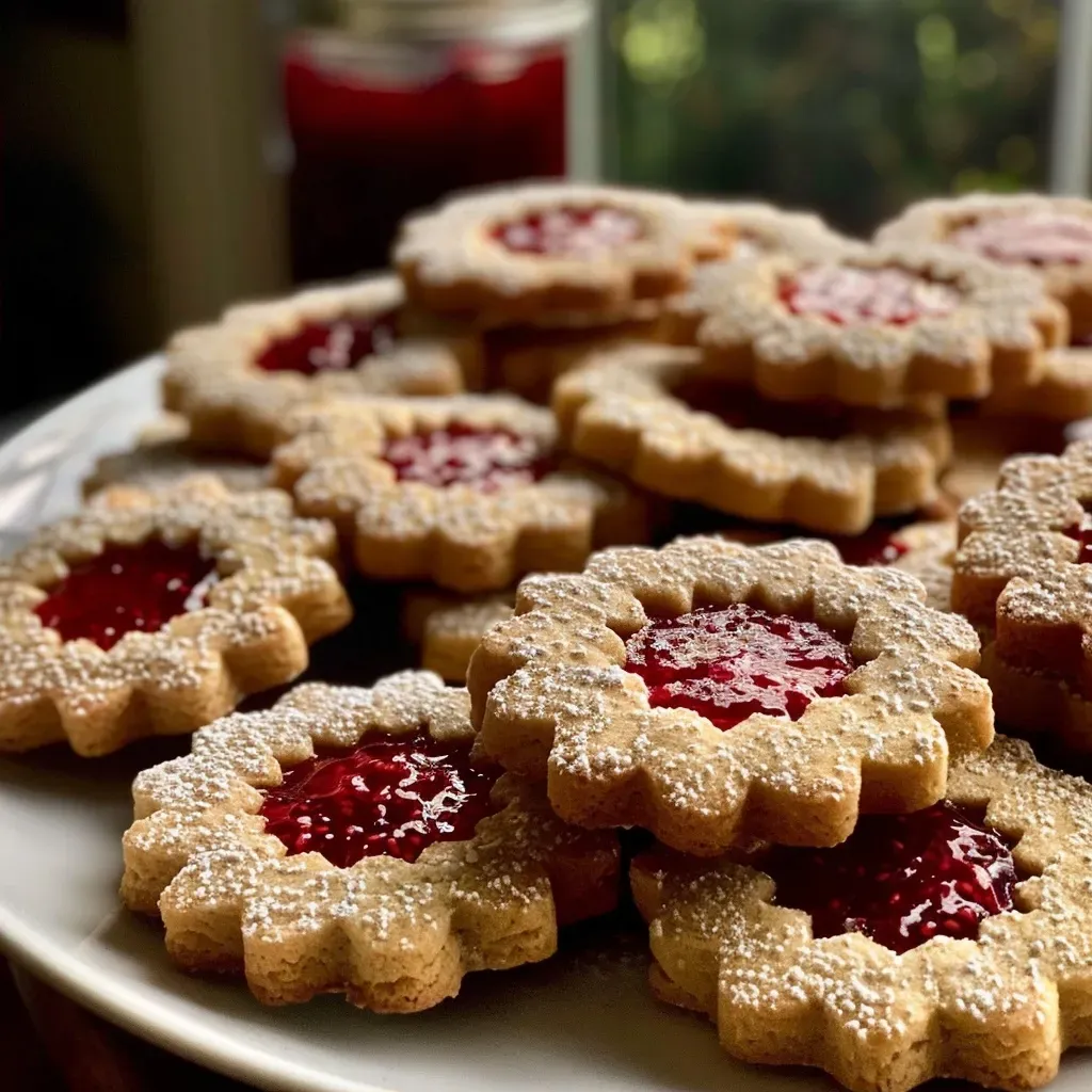 Delicious Linzer cookies dusted with powdered sugar, showcasing a jam filling.