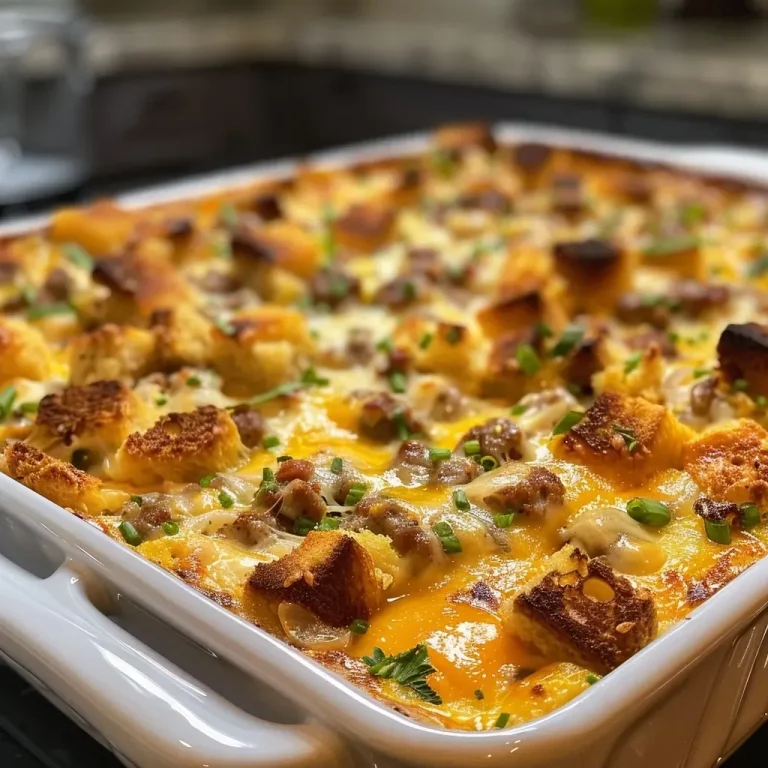 A close-up view of a Maple Sausage Breakfast Casserole with golden-brown top.