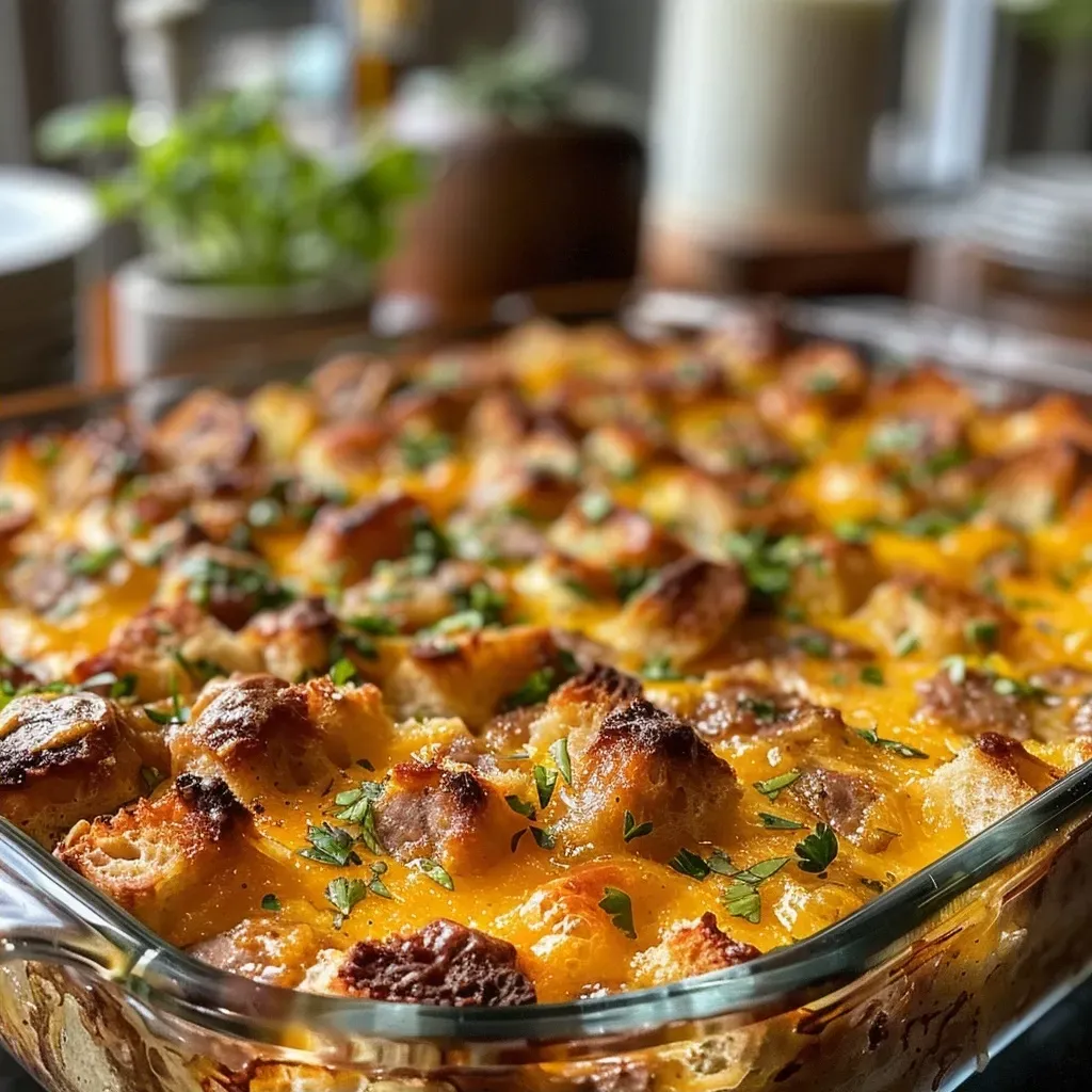 Side view of a delicious Maple Sausage Breakfast Casserole with melted cheese.