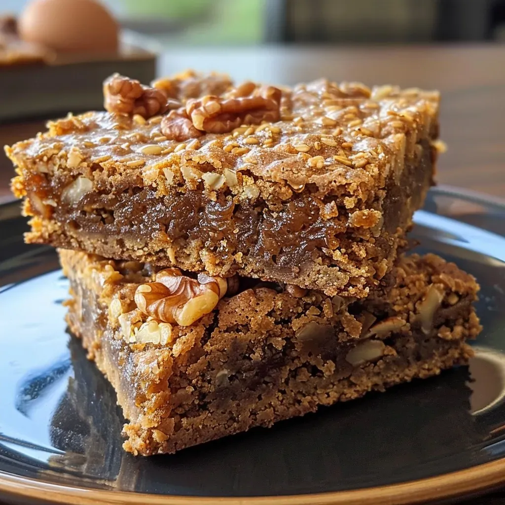 Side view of moist Maple Walnut Blondies showing a rich, gooey texture and walnut pieces.